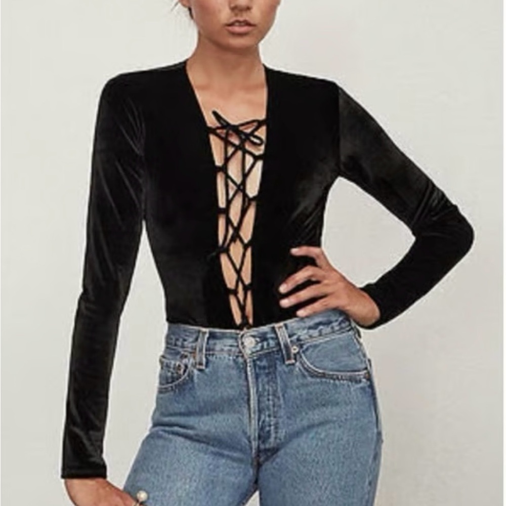 Reformation Black Lace-Up Velvet Bodysuit